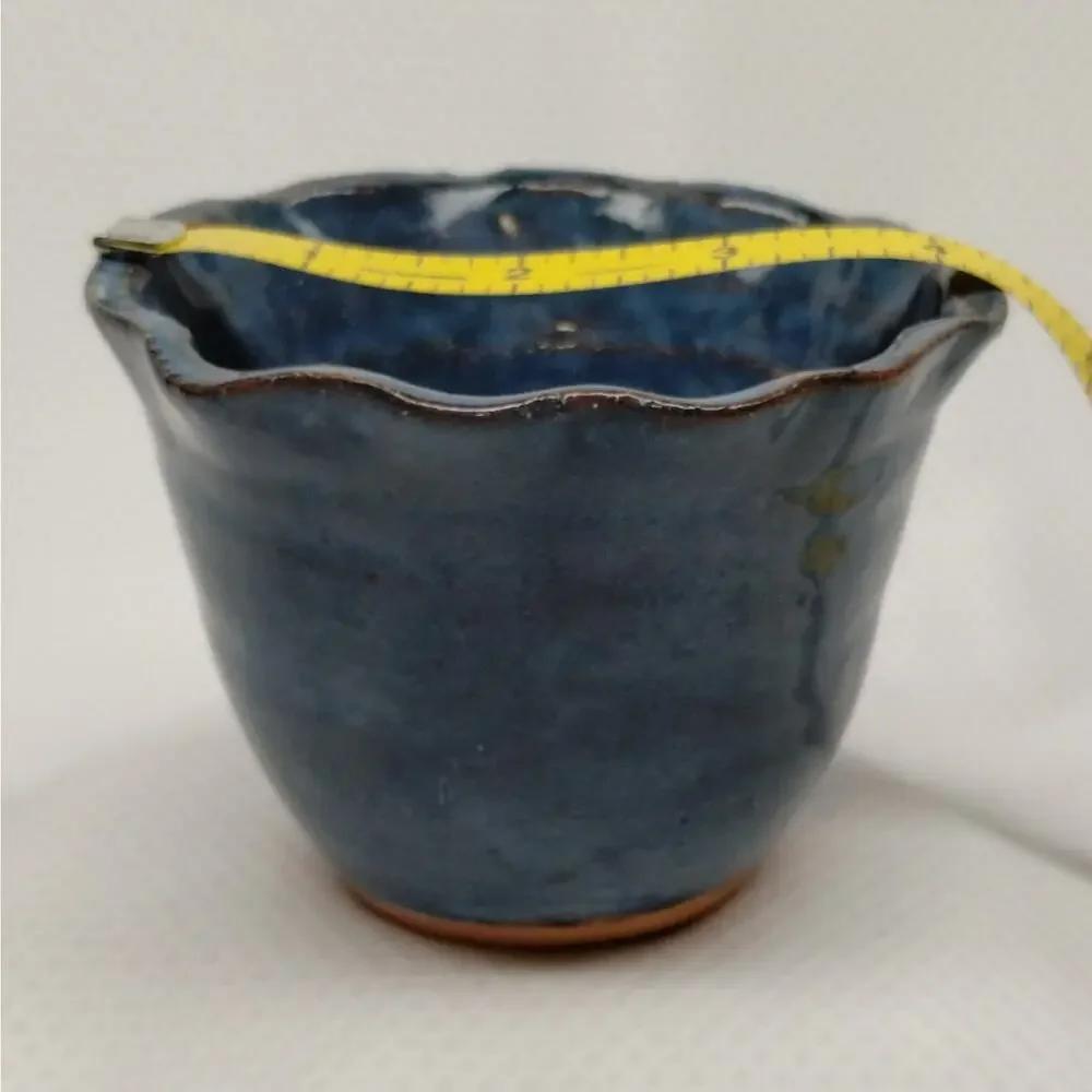 Studio Pottery Planter Blue Glaze Scalloped Edge Footed Hand Thrown Signed 5-In